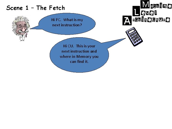 Scene 1 – The Fetch Hi PC. What is my next instruction? Hi CU.