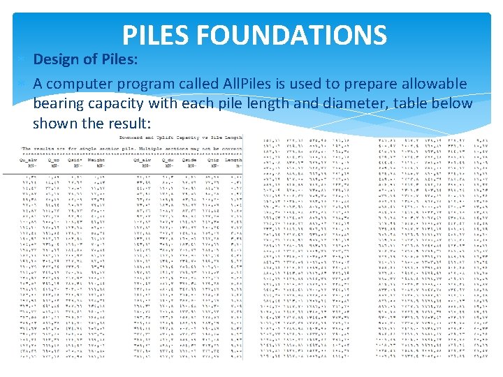 PILES FOUNDATIONS Design of Piles: A computer program called All. Piles is used to