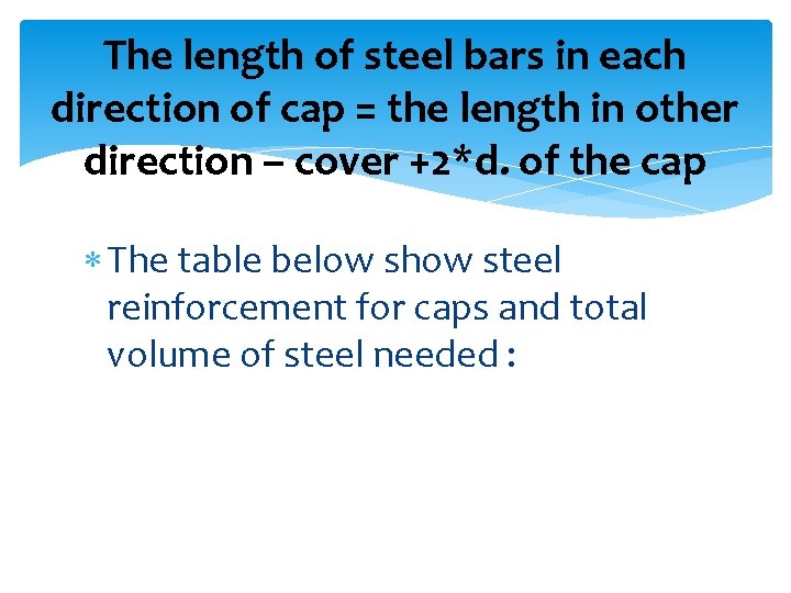 The length of steel bars in each direction of cap = the length in