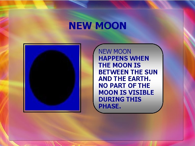 NEW MOON HAPPENS WHEN THE MOON IS BETWEEN THE SUN AND THE EARTH. NO