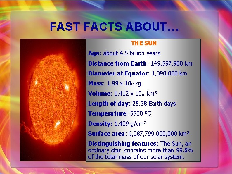 FAST FACTS ABOUT… THE SUN Age: about 4. 5 billion years Distance from Earth: