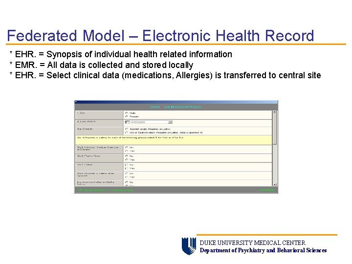 Federated Model – Electronic Health Record * EHR. = Synopsis of individual health related