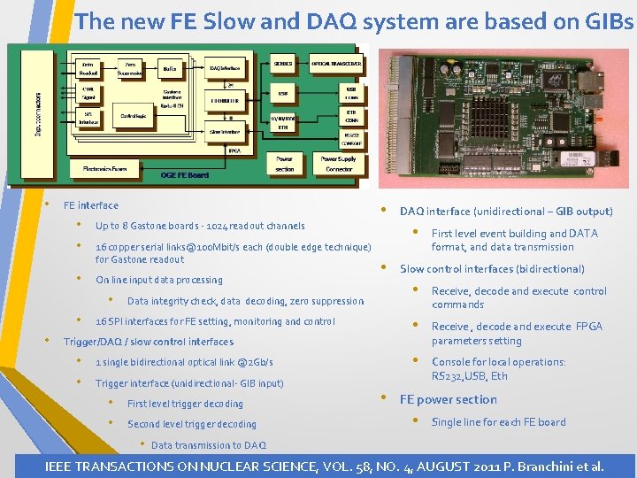 The new FE Slow and DAQ system are based on GIBs • FE interface