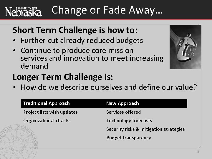 Change or Fade Away… Short Term Challenge is how to: • Further cut already