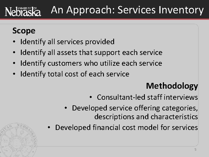 An Approach: Services Inventory Scope • • Identify all services provided Identify all assets