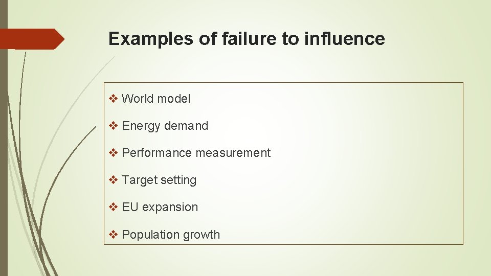 Examples of failure to influence v World model v Energy demand v Performance measurement