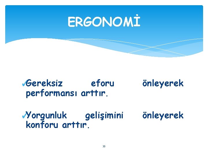 ERGONOMİ ✓Gereksiz eforu performansı arttır. önleyerek ✓Yorgunluk gelişimini konforu arttır. önleyerek 30 