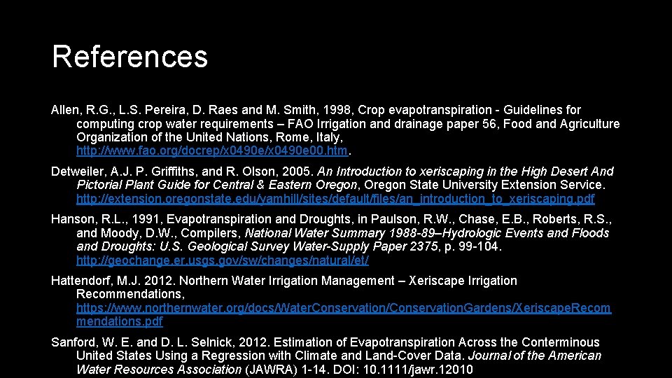 References Allen, R. G. , L. S. Pereira, D. Raes and M. Smith, 1998,