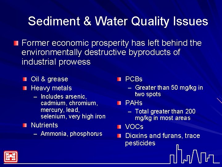 Sediment & Water Quality Issues Former economic prosperity has left behind the environmentally destructive