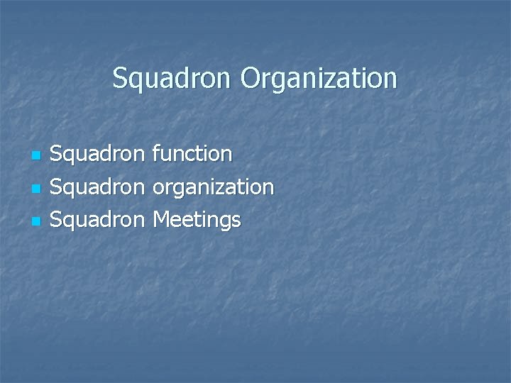 Squadron Organization n Squadron function Squadron organization Squadron Meetings 