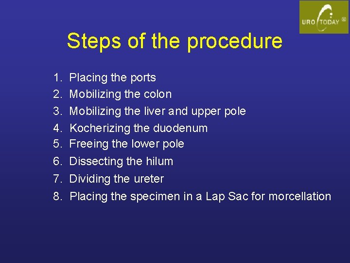 Steps of the procedure 1. 2. 3. 4. 5. 6. 7. 8. Placing the