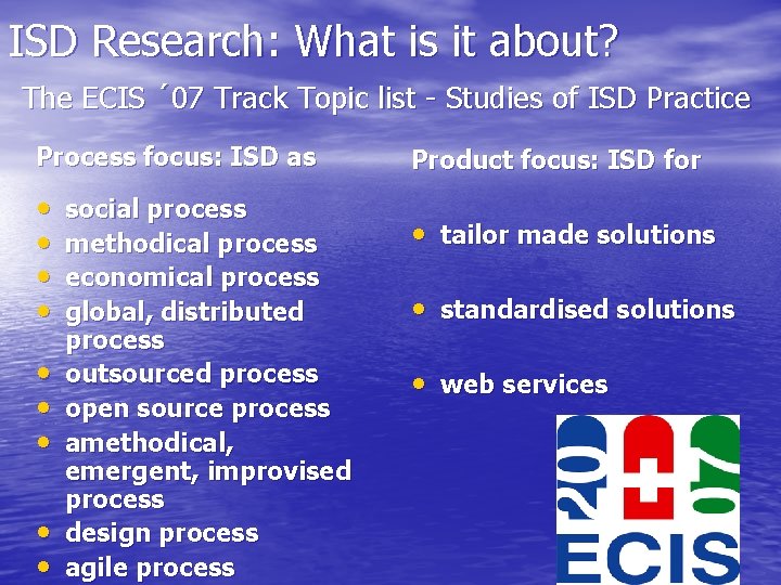 ISD Research: What is it about? The ECIS ´ 07 Track Topic list - ISD Research: What is it about? The ECIS ´ 07 Track Topic list -