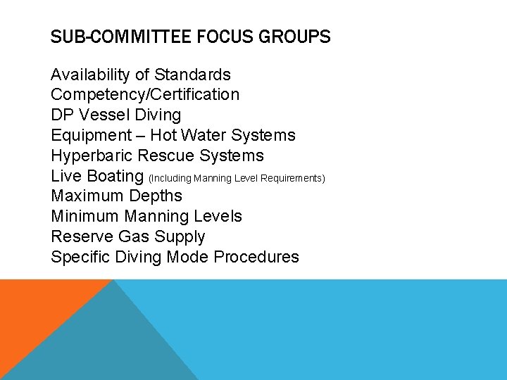 SUB-COMMITTEE FOCUS GROUPS Availability of Standards Competency/Certification DP Vessel Diving Equipment – Hot Water