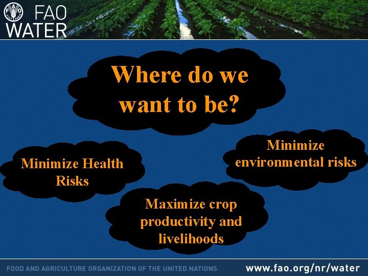 Where do we want to be? Minimize Health Risks Minimize environmental risks Maximize crop