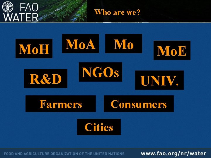 Who are we? Mo. H R&D Mo. A Mo NGOs Farmers Mo. E UNIV.