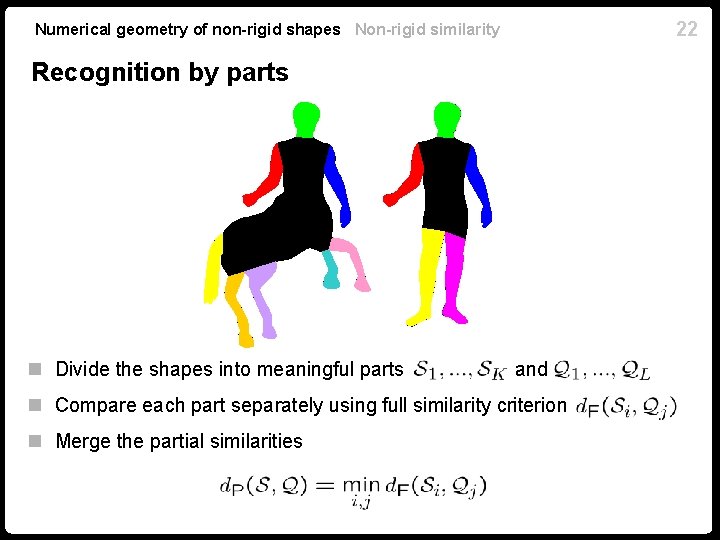 22 Numerical geometry of non-rigid shapes Non-rigid similarity Recognition by parts n Divide the 22 Numerical geometry of non-rigid shapes Non-rigid similarity Recognition by parts n Divide the