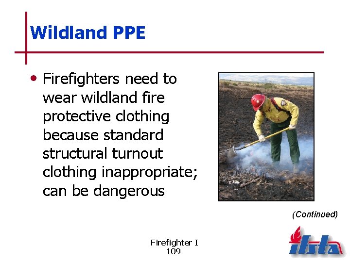 Wildland PPE • Firefighters need to wear wildland fire protective clothing because standard structural