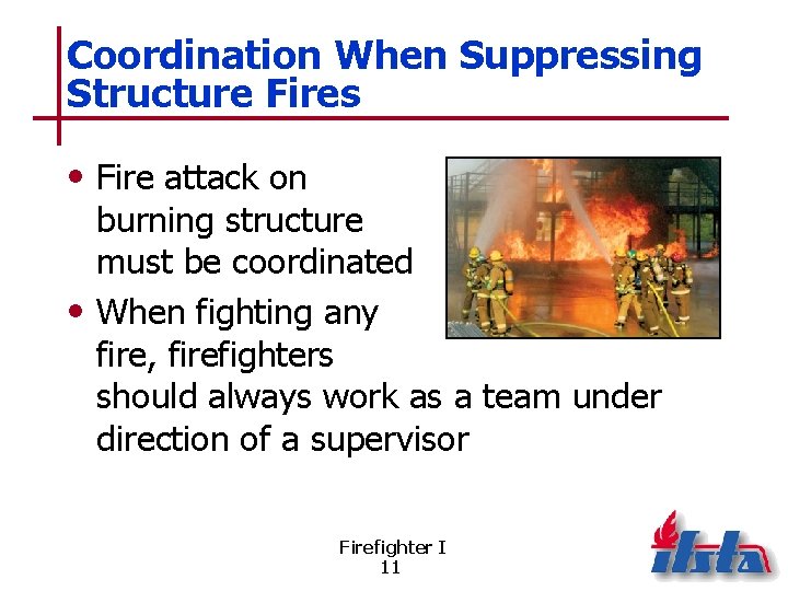 Coordination When Suppressing Structure Fires • Fire attack on burning structure must be coordinated