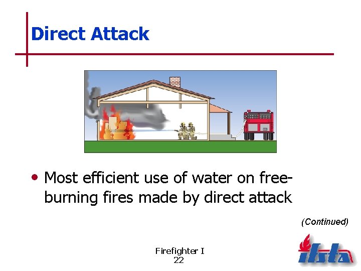 Direct Attack • Most efficient use of water on freeburning fires made by direct