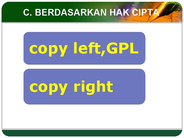 C. BERDASARKAN HAK CIPTA copy left, GPL copy right LOGO 