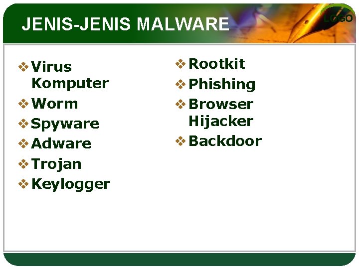 JENIS-JENIS MALWARE v Virus Komputer v Worm v Spyware v Adware v Trojan v