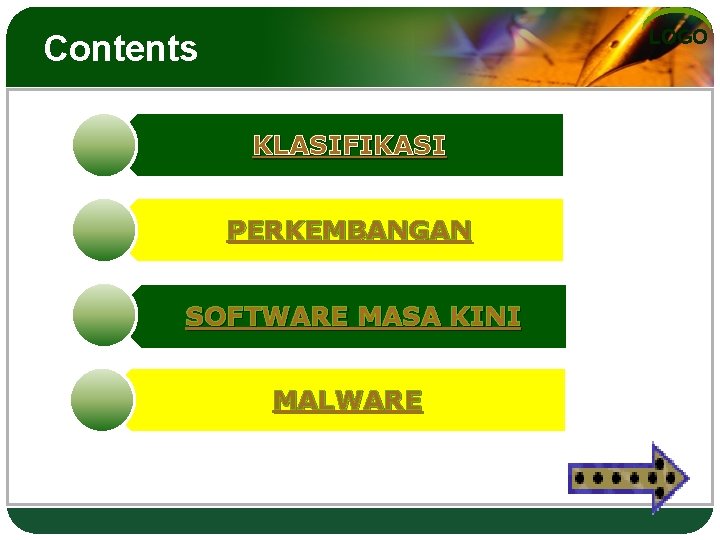 LOGO Contents KLASIFIKASI PERKEMBANGAN SOFTWARE MASA KINI MALWARE 