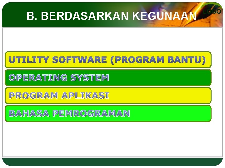 B. BERDASARKAN KEGUNAAN OPERATING SYSTEM PROGRAM APLIKASI BAHASA PEMROGRAMAN LOGO 