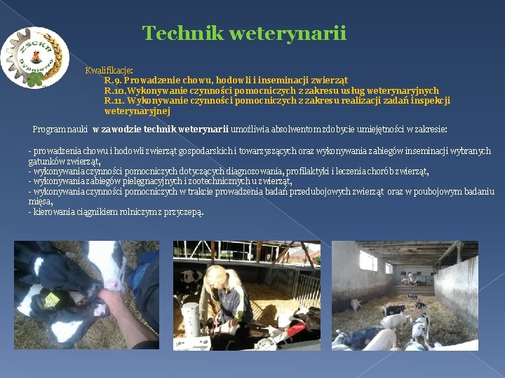 Technik weterynarii Kwalifikacje: R. 9. Prowadzenie chowu, hodowli i inseminacji zwierząt R. 10. Wykonywanie