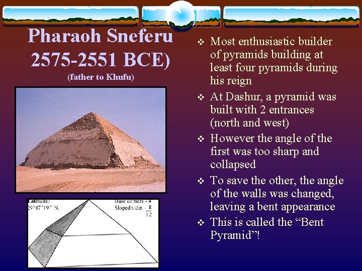 Pharaoh Sneferu 2575 -2551 BCE) v (father to Khufu) v v Most enthusiastic builder