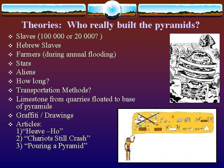Theories: Who really built the pyramids? v v v v v Slaves (100 000