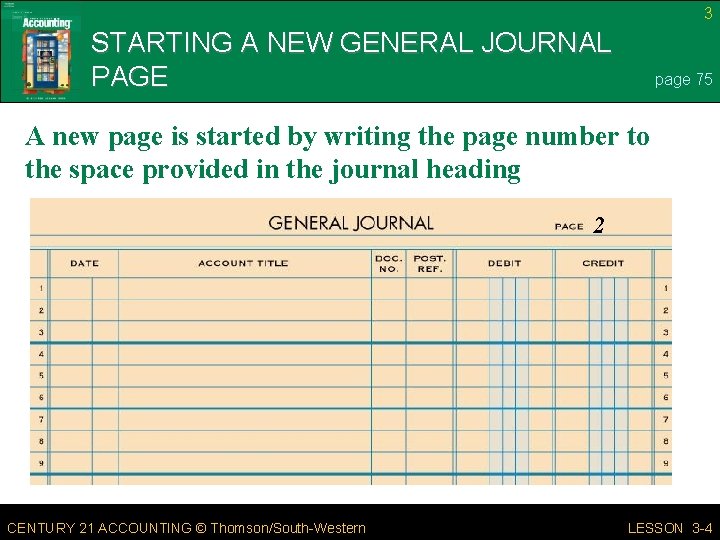 3 STARTING A NEW GENERAL JOURNAL PAGE page 75 A new page is started