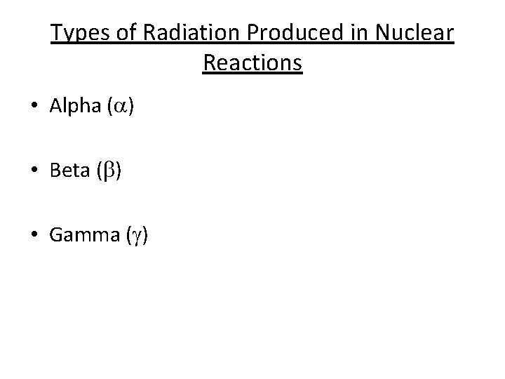 Types of Radiation Produced in Nuclear Reactions • Alpha (a) • Beta (b) • Types of Radiation Produced in Nuclear Reactions • Alpha (a) • Beta (b) •