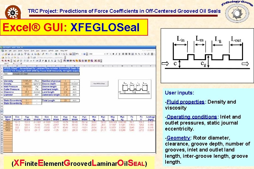 TRC Project: Predictions of Force Coefficients in Off-Centered Grooved Oil Seals Excel® GUI: XFEGLOSeal
