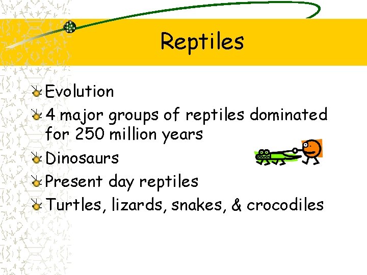 Reptiles Evolution 4 major groups of reptiles dominated for 250 million years Dinosaurs Present