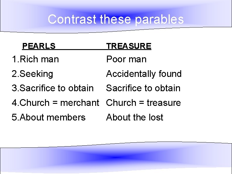 Contrast these parables PEARLS TREASURE 1. Rich man Poor man 2. Seeking Accidentally found