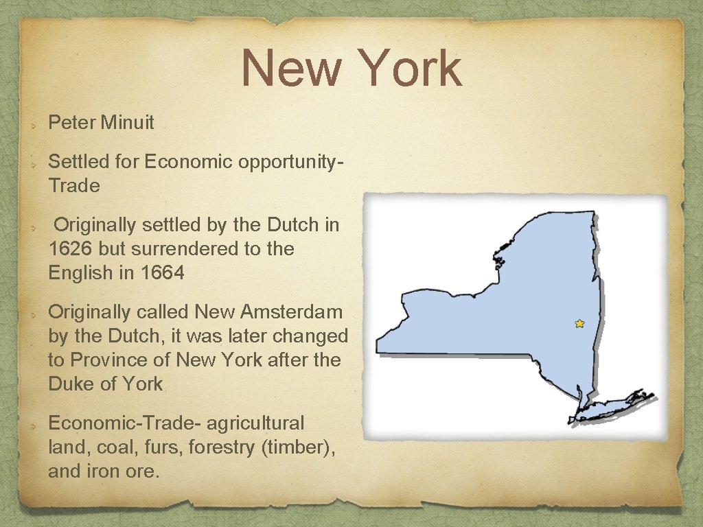 New York Peter Minuit Settled for Economic opportunity. Trade Originally settled by the Dutch