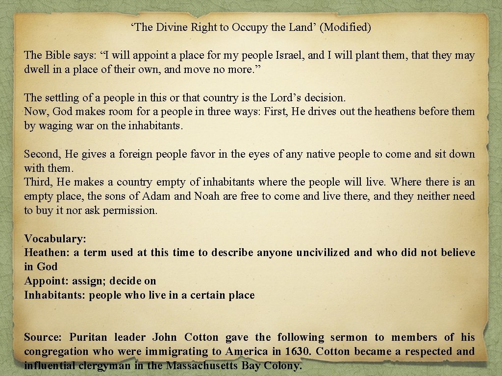 ‘The Divine Right to Occupy the Land’ (Modified) The Bible says: “I will appoint