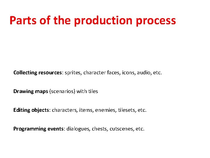 Parts of the production process Collecting resources: sprites, character faces, icons, audio, etc. Drawing