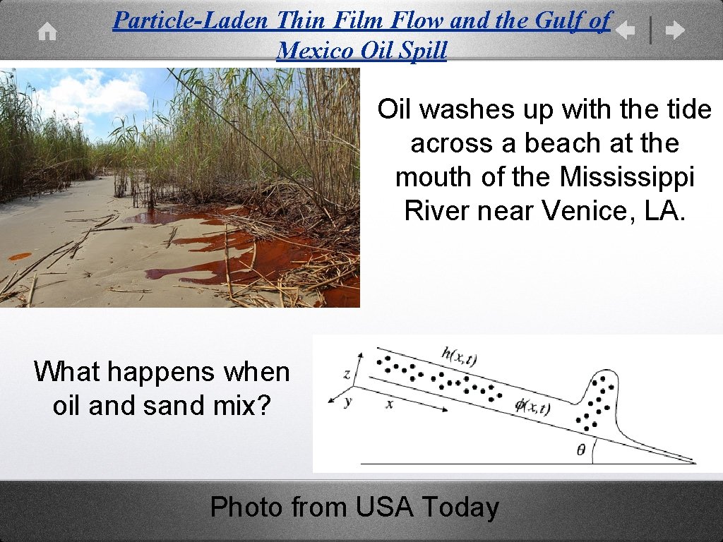 Particle-Laden Thin Film Flow and the Gulf of Mexico Oil Spill Oil washes up