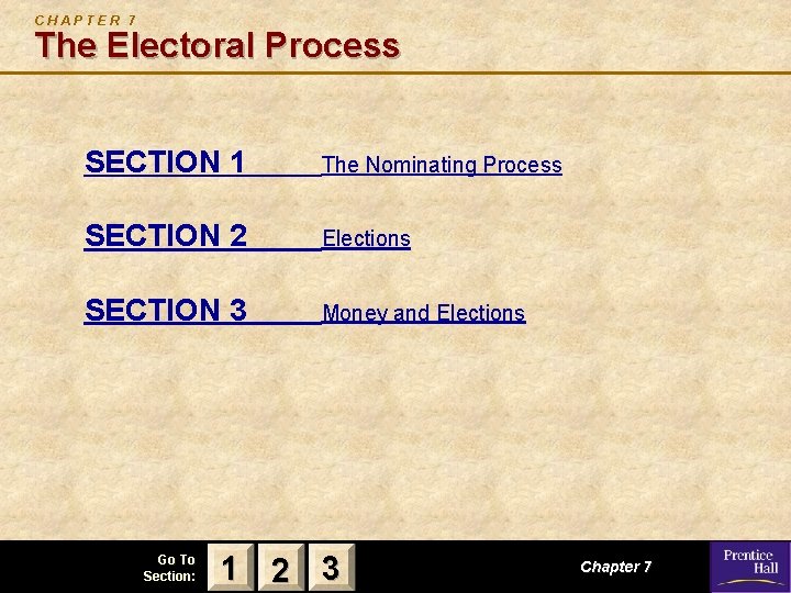 CHAPTER 7 The Electoral Process SECTION 1 The Nominating Process SECTION 2 Elections SECTION