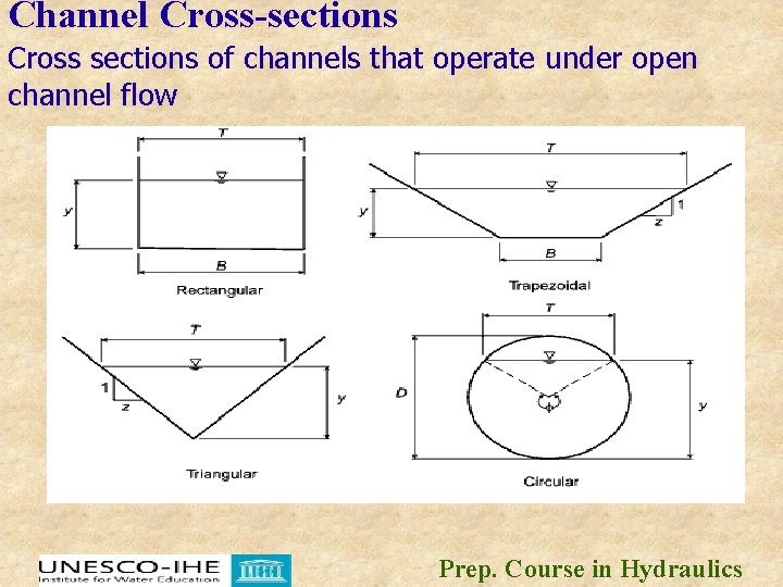 Channel Cross-sections Cross sections of channels that operate under open channel flow Prep. Course