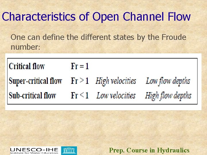 Characteristics of Open Channel Flow One can define the different states by the Froude