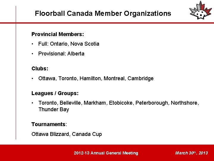 Floorball Canada Member Organizations Provincial Members: • Full: Ontario, Nova Scotia • Provisional: Alberta