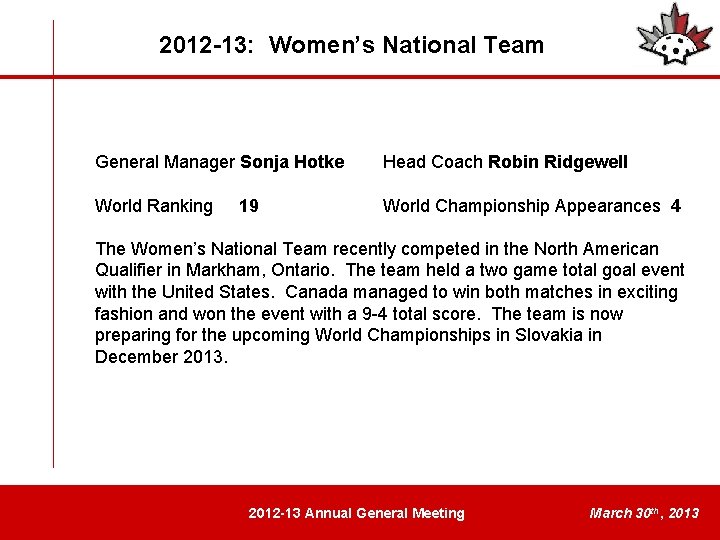 2012 -13: Women’s National Team General Manager Sonja Hotke Head Coach Robin Ridgewell World