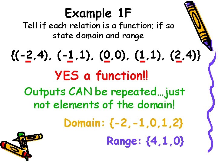 Example 1 F Tell if each relation is a function; if so state domain