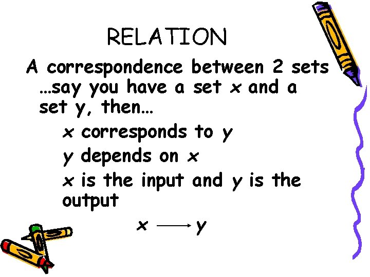 RELATION A correspondence between 2 sets …say you have a set x and a