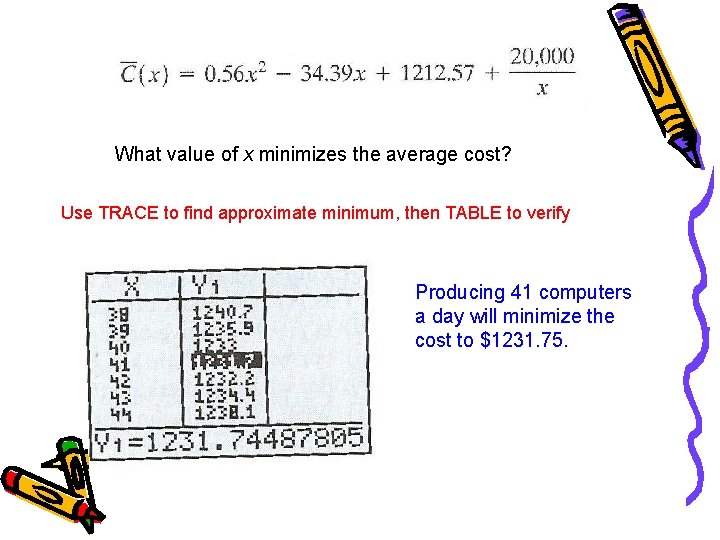 What value of x minimizes the average cost? Use TRACE to find approximate minimum,