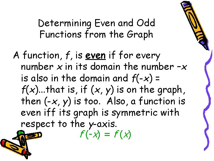 Determining Even and Odd Functions from the Graph A function, f, is even if