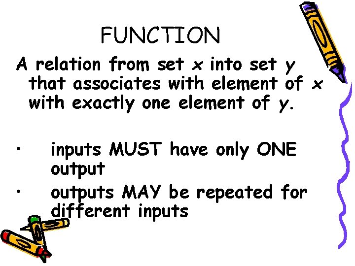 FUNCTION A relation from set x into set y that associates with element of