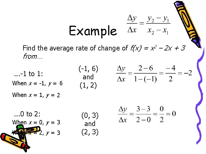 Example Find the average rate of change of f(x) = x 2 – 2